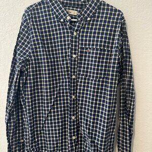 Hollister Blue Black & White Plaid Print Long Sleeve Button Down Shirt - L